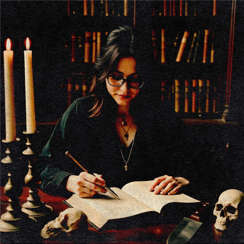 A young woman editing a manuscript against a dark backdrop of spooky bookshelves, surrounded by skulls, candles, and a knife.