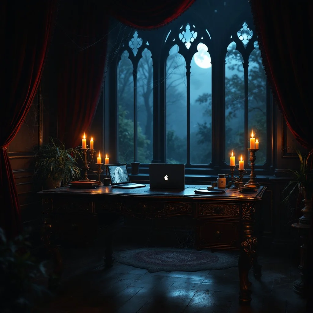 Gothic-inspired writing and editing workspace with candlelit ambiance. A moody desk setup for deep editing, beta reading, and creative storytelling.